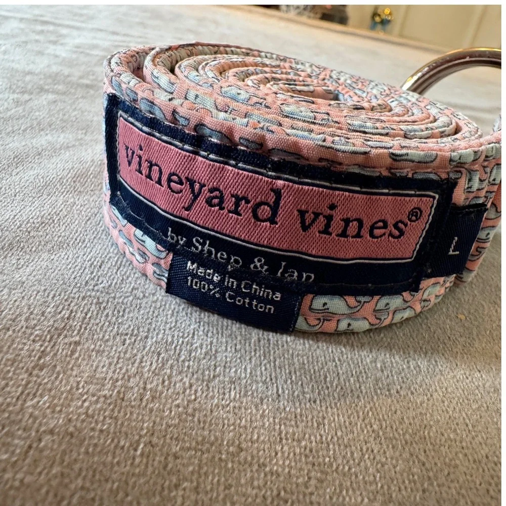 Vineyard Vines Mens Belt L Pink Whale Print D-Ring Cotton Preppy Coastal Unisex